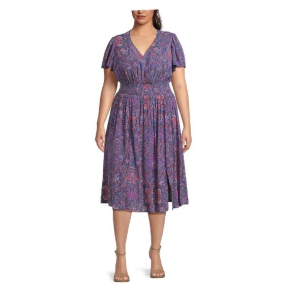 Terra & Sky Women's Plus Size Surplice Midi Dress, Boho Paisley/Blue Comet - Picture 2 of 5